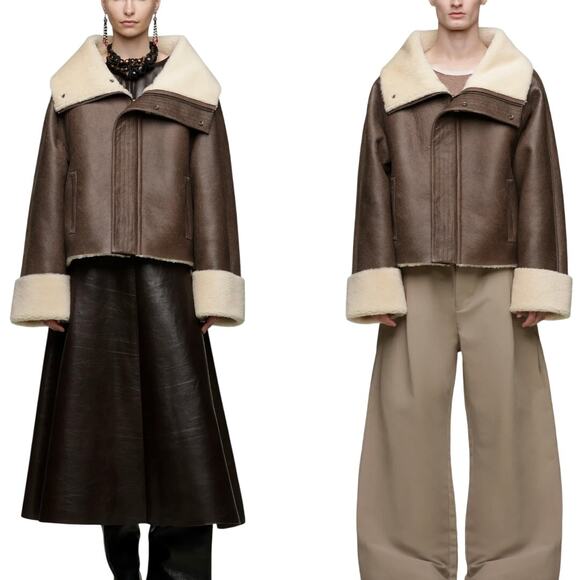 ENTIRE STUDIO LAMB LEATHER SHEARLING CORRETTO BOMBER JACKET BROWN SMALL NWT - Picture 2 of 15